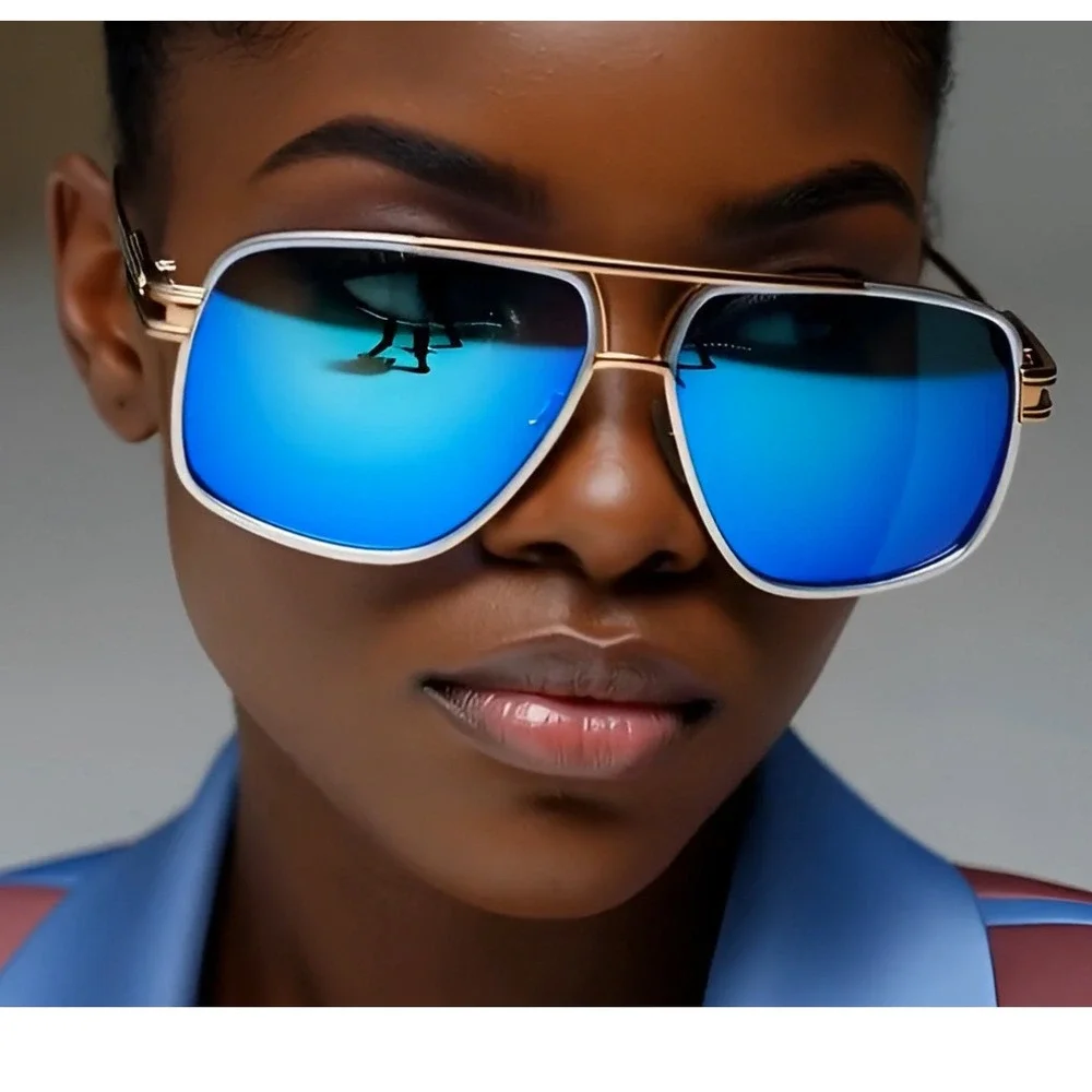Designer Sunglasses Blue Mirror Lens Gold Frame‎ White Women Retro Square Trendy